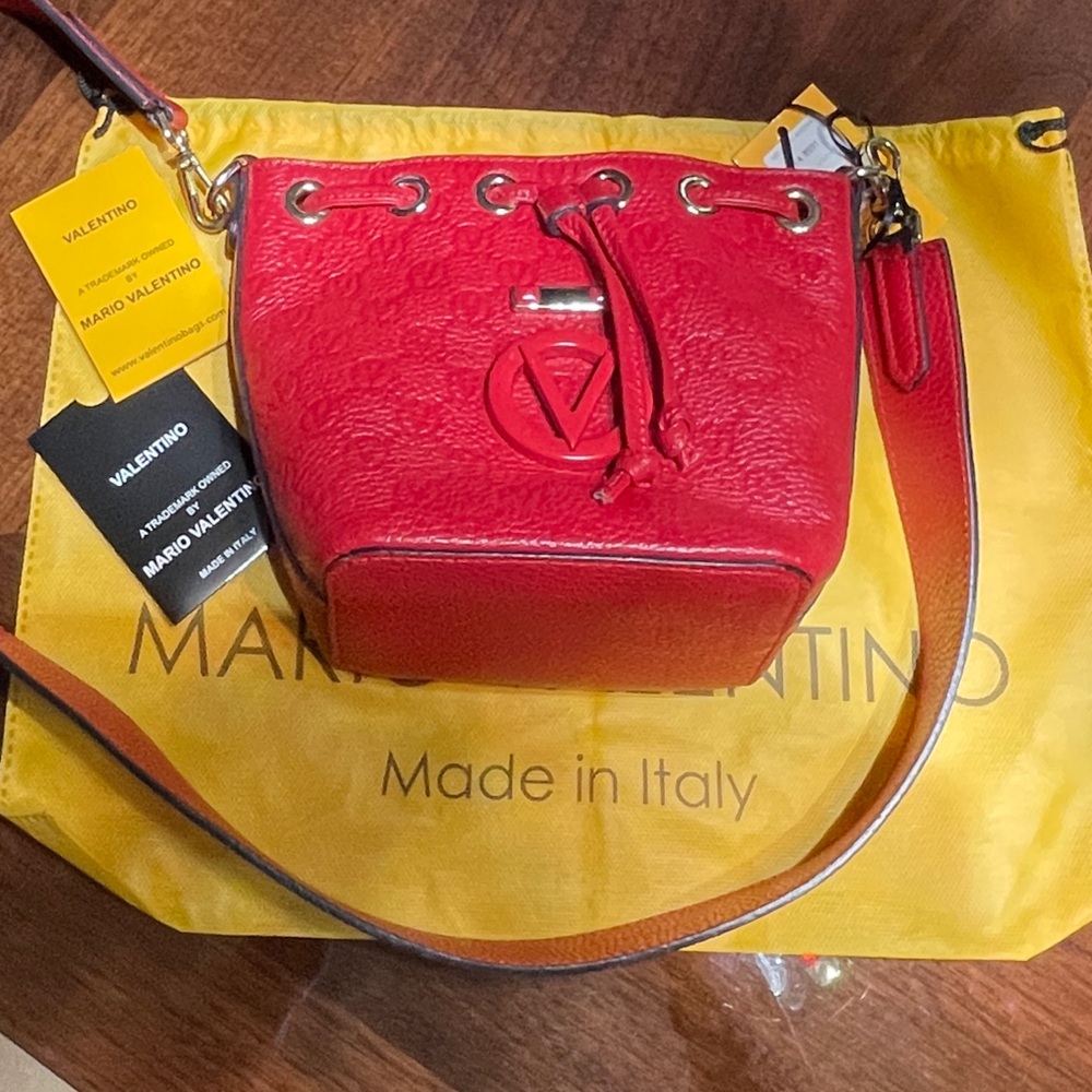 Valentino By Mario Valentino Jules Dollaro Monogram Red Leather Bucket Bag $1300 - Picture 8 of 10